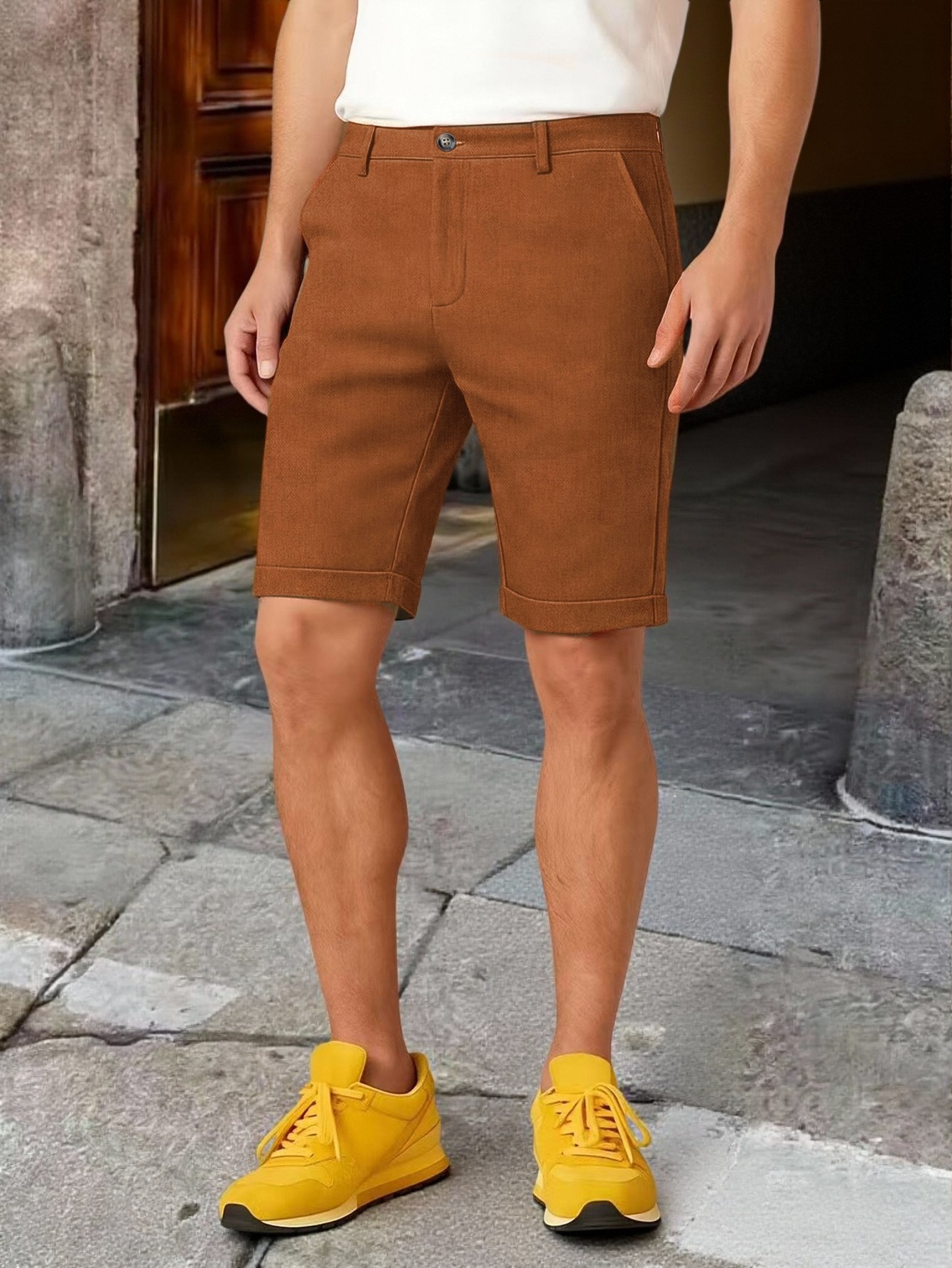 Men Cuffed Hem Knee Length Chi - Shorts Chino Slim review and price