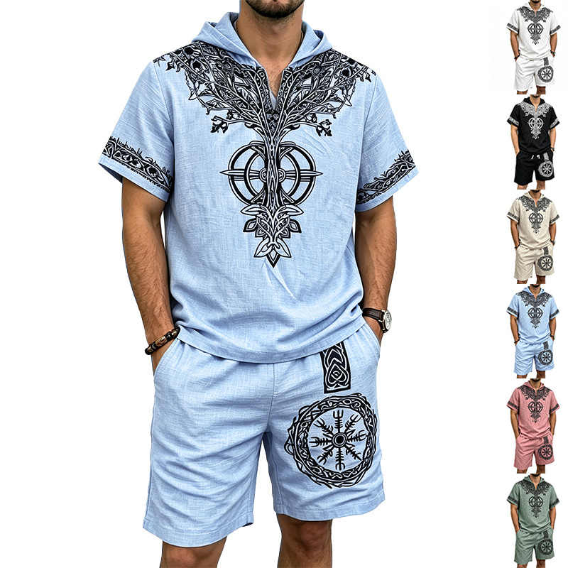 Men Linen Look Viking Tree Pri - Short Linen Drawstring review and price